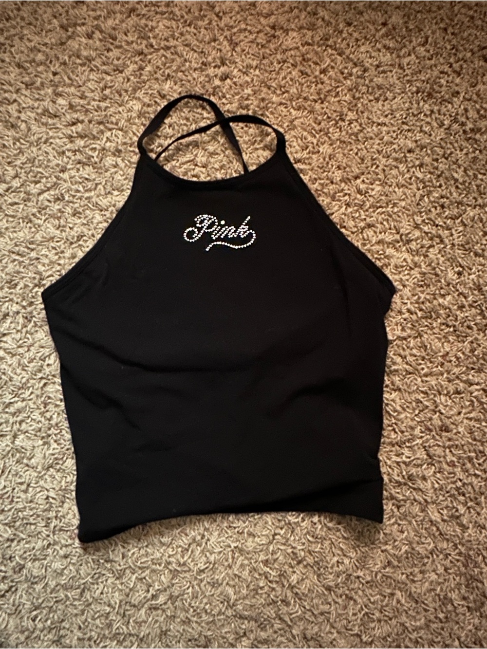 PINK Victoria's Secret Black Rhinestone Halter Crop Tank